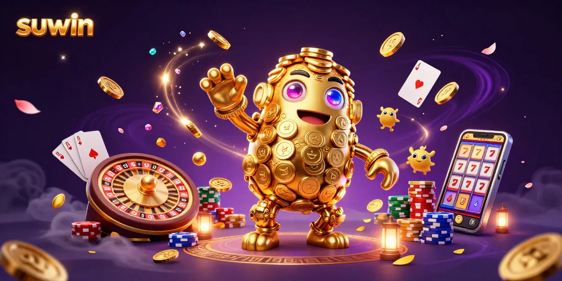 Suwin features a dynamic ancient golden golem amidst cascading coins and gems in a vibrant 3D casino scene.