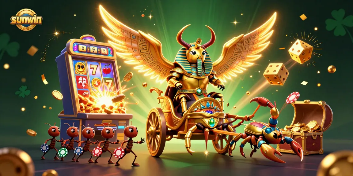 Experience thrilling games at sunwin with a dazzling illustration of a golden scarab and jackpot excitement.