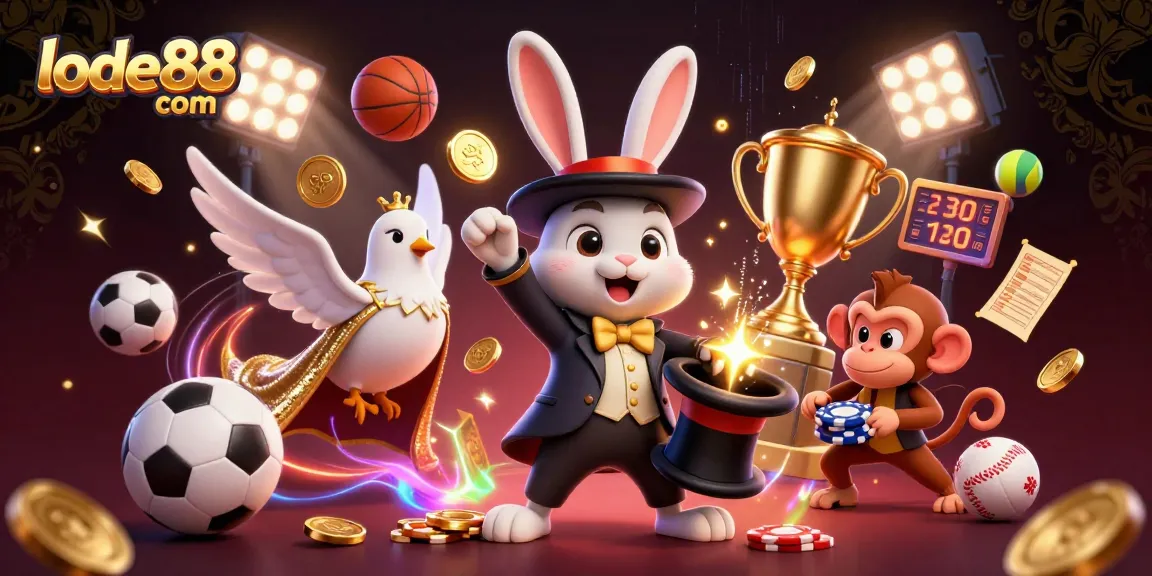 Engage with lode88 com, where a magician rabbit conjures coins at a vibrant online casino scene.