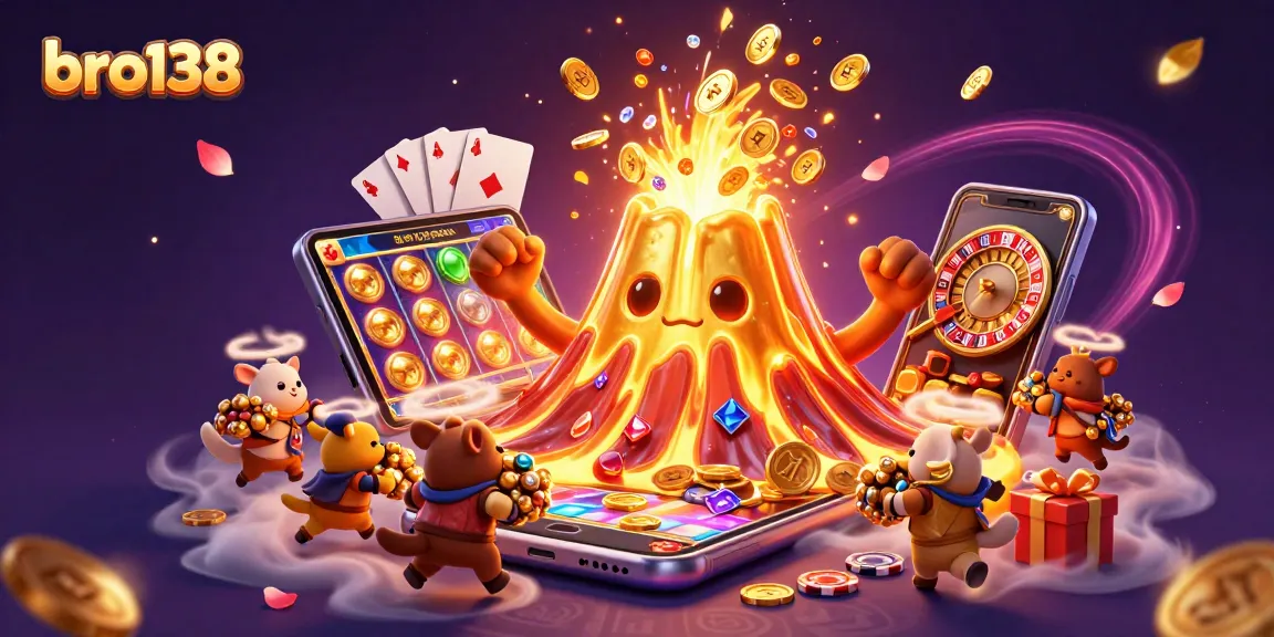 Game strategy at bro138 showcases a golden volcano erupting coins, offering thrilling slot action.