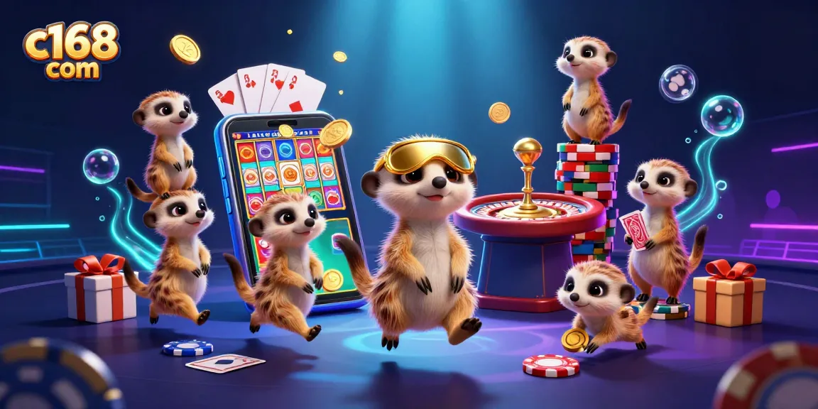Experience exciting gameplay at c168 com with meerkats operating a colorful casino scene filled with spinning reels and poker chips.