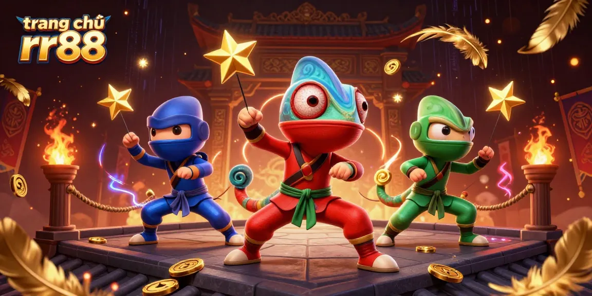 Engage in thrilling action with the trang chủ rr88 illustration featuring ninja chameleons and exciting casino elements.