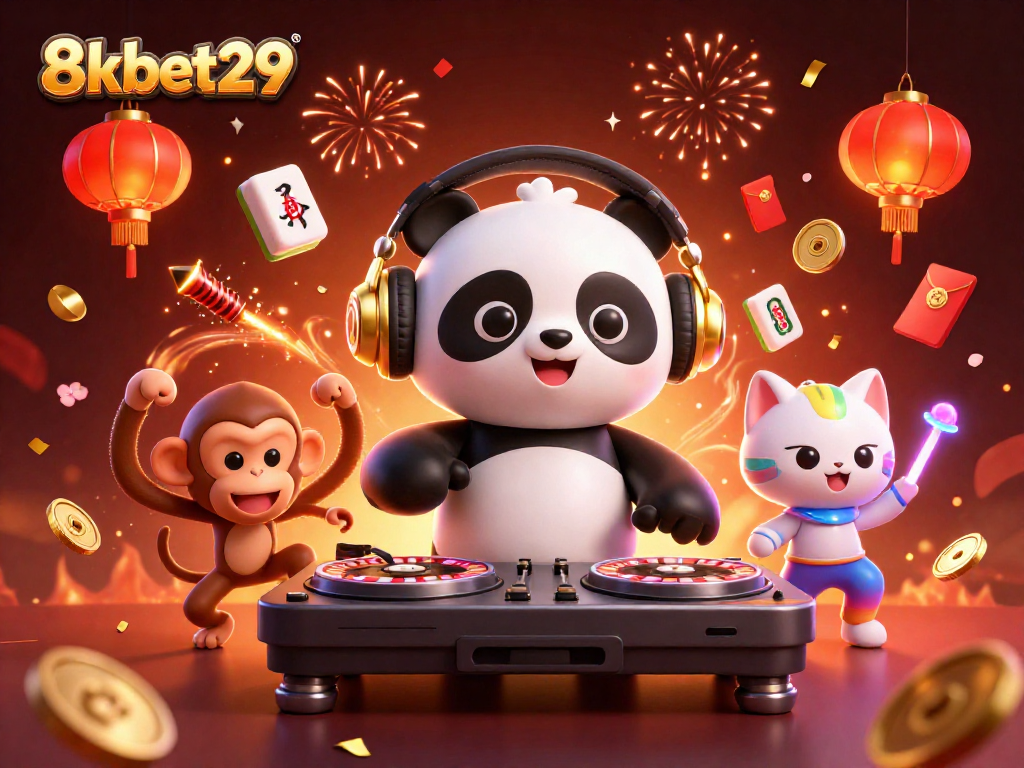 Win big at 8kbet29 and join the fun with vibrant casino-themed characters and celebratory elements.