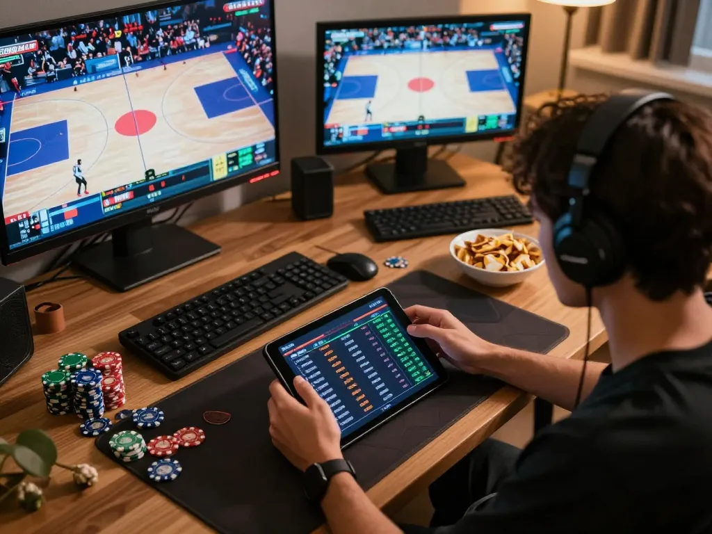 Engaging in sports betting analysis at home with OPEN88, surrounded by live stats and game footage.