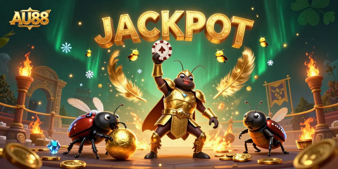 Experience victory at AU88 with a cartoon beetle champion surrounded by casino elements.