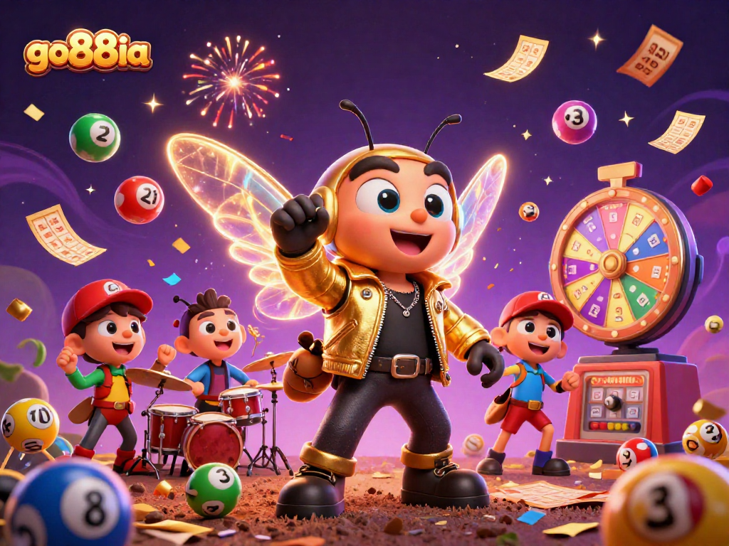 Engage with go88ia's vibrant lottery scene featuring a cicada rock star, crickets, and colorful elements.