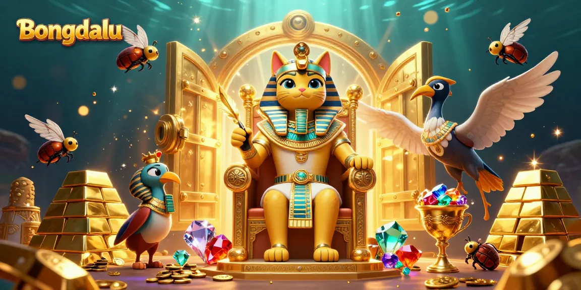 Bongdalu showcases an Egyptian pharaoh cat gaming among treasures, featuring rich details and sparkling gems.