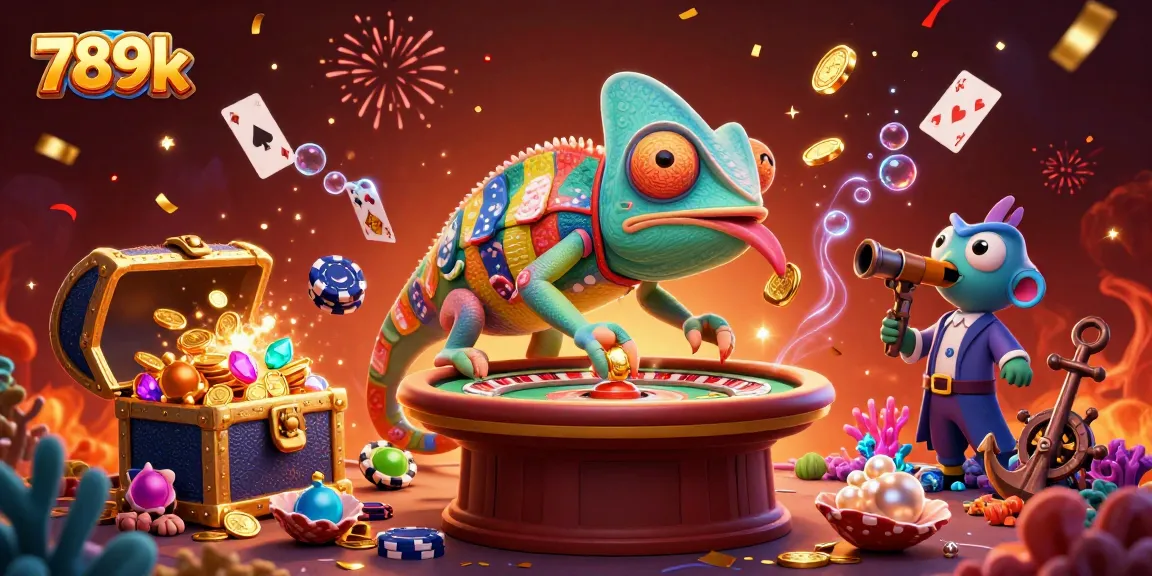 Experience the thrill of winning at 789k with this vibrant 3D casino illustration blending chameleons and treasure.
