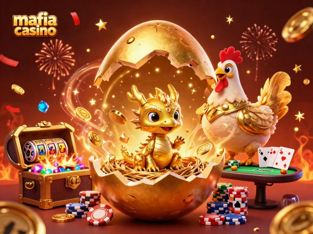 Mafia casino scene showcasing a golden egg cracking open with a baby dragon on poker chips amidst vibrant slot reels and confetti.