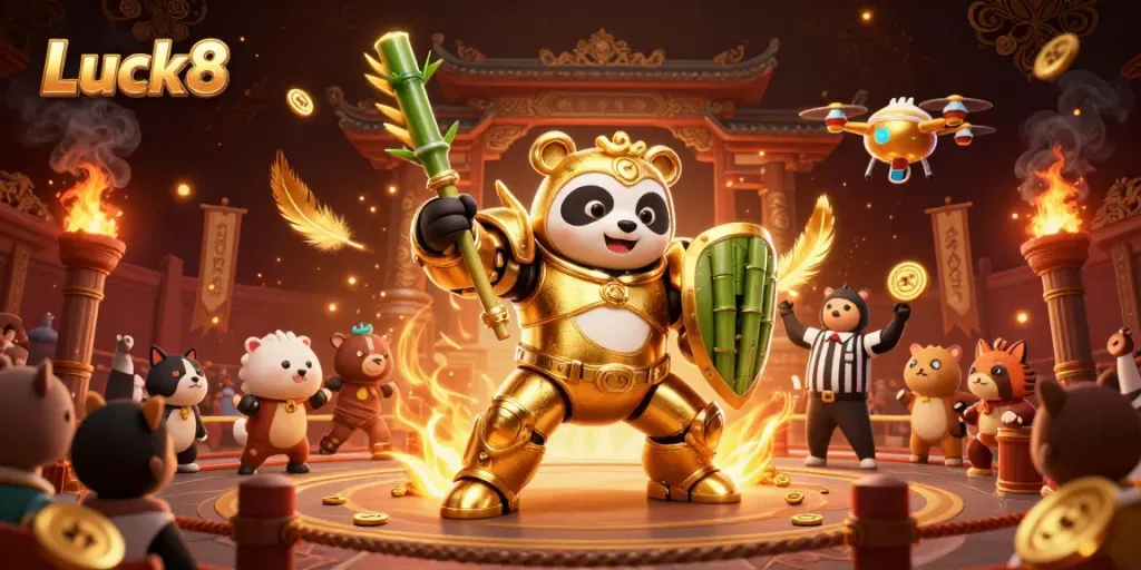 Experience Luck8 with a thrilling mech-suit panda battling amidst golden casino elements in a vibrant arena.