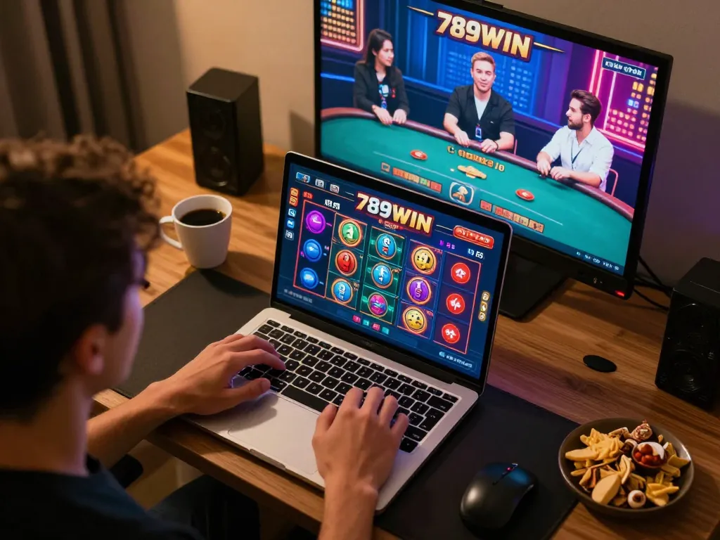 Engaging in exciting 789WIN online gaming, showing live dealer action and cozy setup