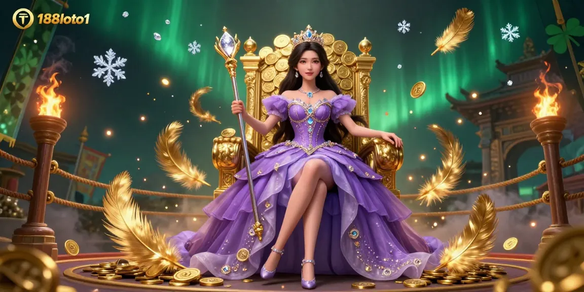 Experience thrilling lottery action with 188loto1, featuring a glamorous princess-like figure amidst golden coins and vivid gameplay.
