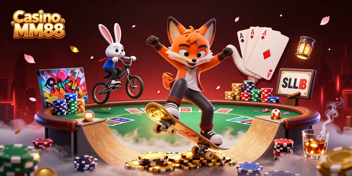 Engage with Casino MM88 through vibrant 3D art showcasing a skateboarder fox and BMX rabbit in a thrilling casino atmosphere.
