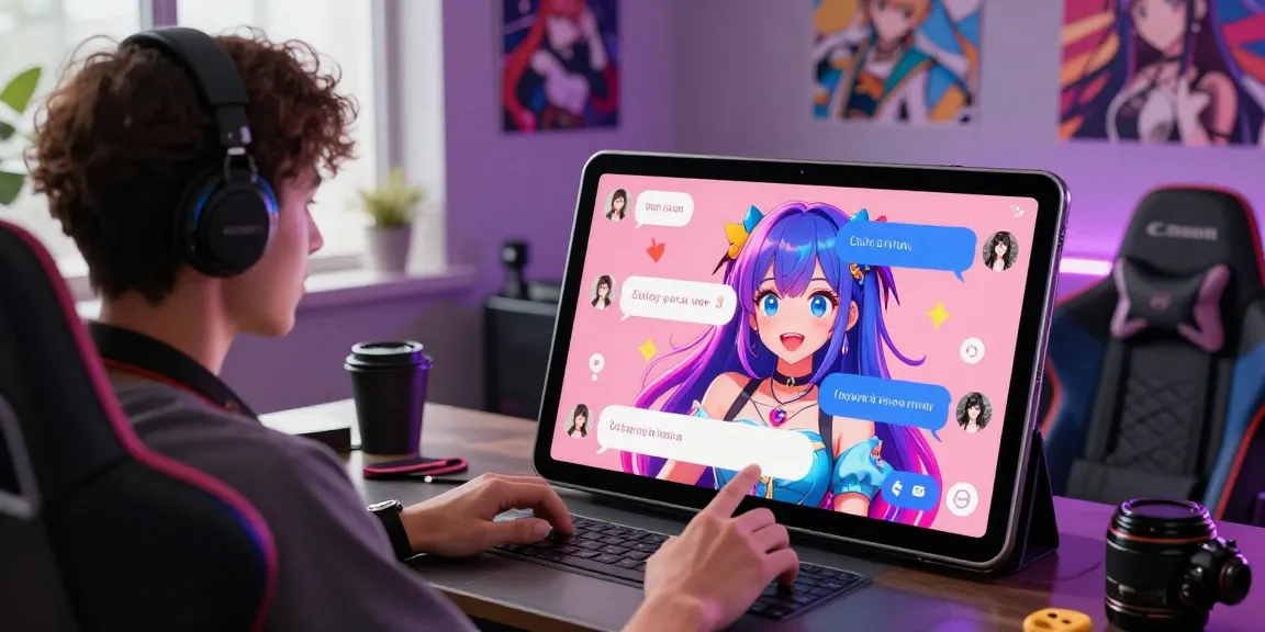 User enjoying engaging AI hentai chat on tablet in vibrant digital setting