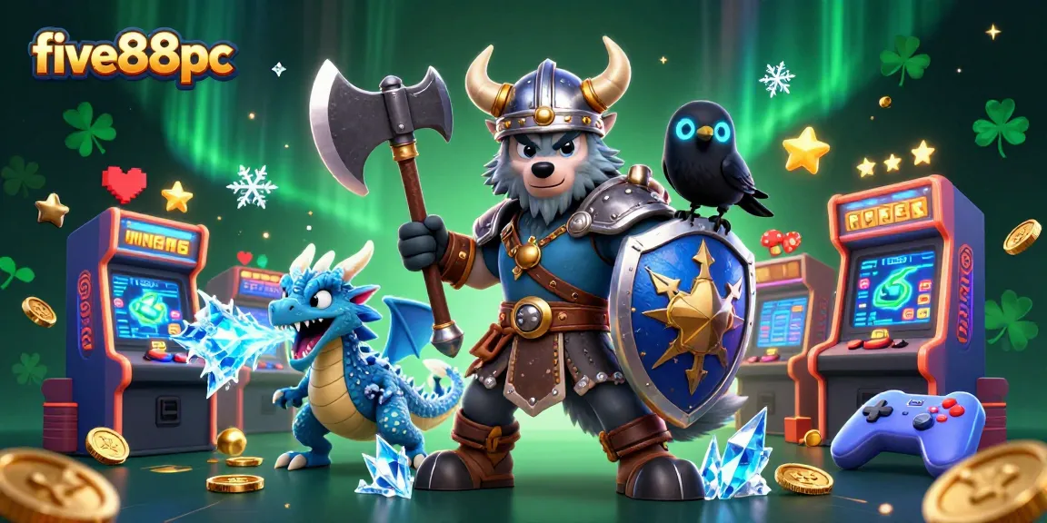 Experience the thrill of five88pc with a Viking wolf warrior and magical creatures in a vibrant casino scene