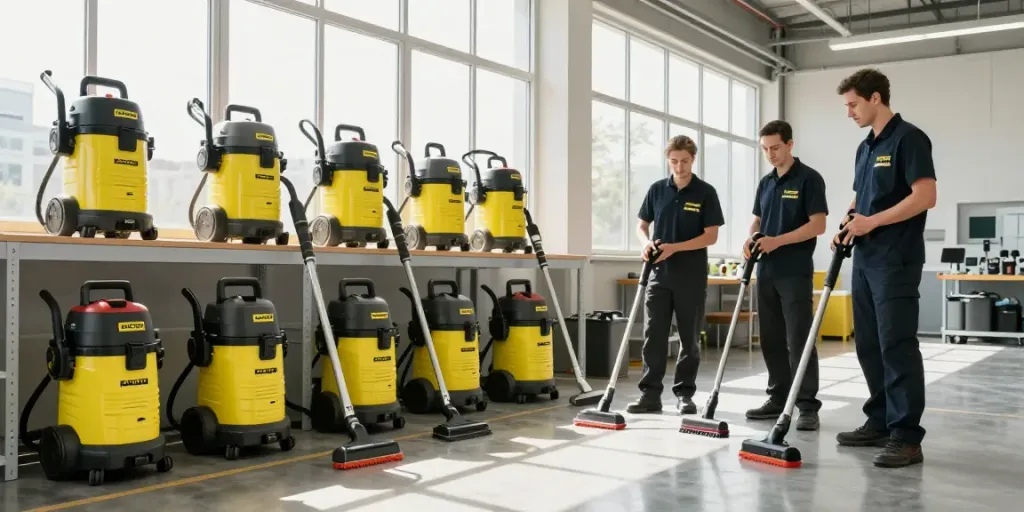 Attrezzature di pulizia Kärcher in un magazzino moderno con professionisti al lavoro, apparecchiature professionali in evidenza.