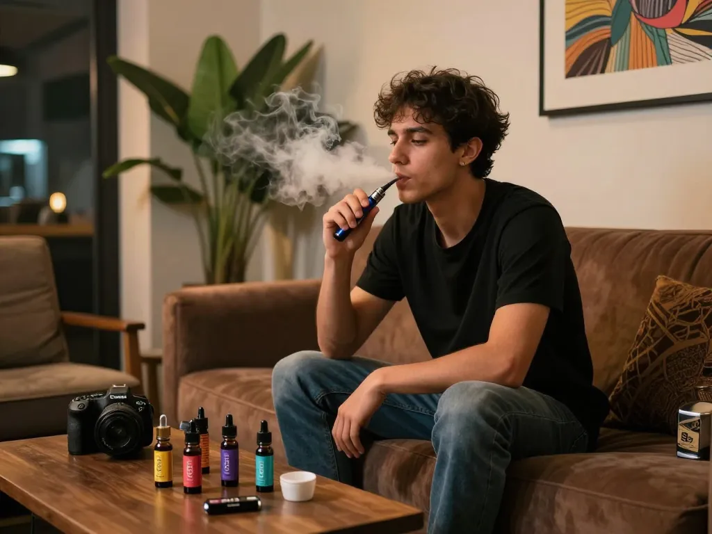 Svapo THC in un accogliente lounge urbano, che mostra un moderno vape pen e accessori per Svapo thc.
