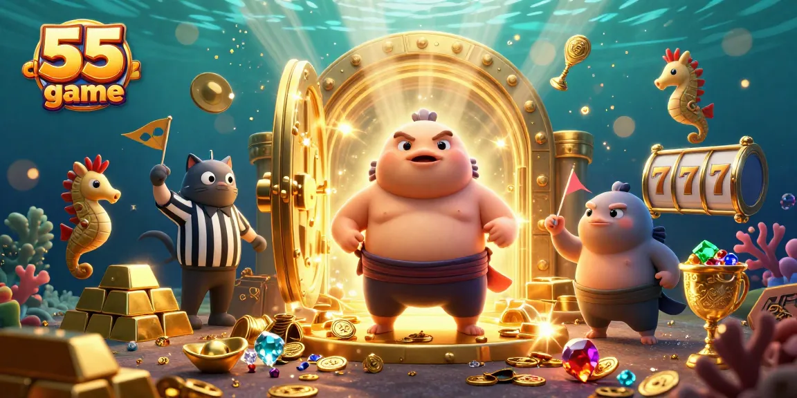 Join the excitement of the 55 club game with a blowfish sumo standout surrounded by treasure!