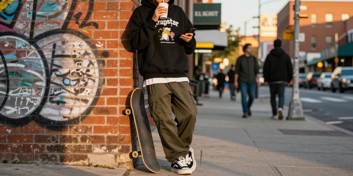 Individuo alla moda in una felpa Frapstar originale tra la moda urbana di strada, catturando il moderno streetwear.