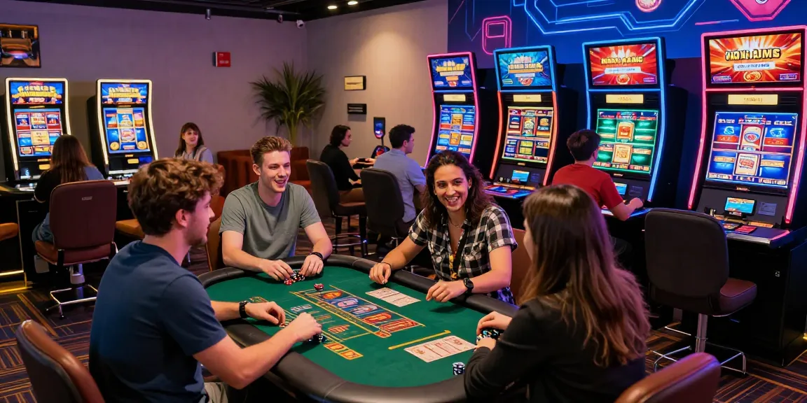 Scena energica di giocatori che si divertono con giochi diversi in un casinò non AAMS, con esposizioni vivaci e un'atmosfera coinvolgente, casinò online non AAMS.