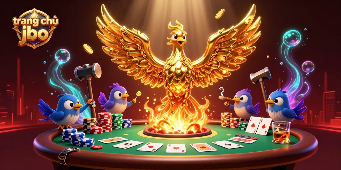 Experience winning moments at trang chủ jbo with a dazzling 3D illustration of golden phoenix and poker elements.