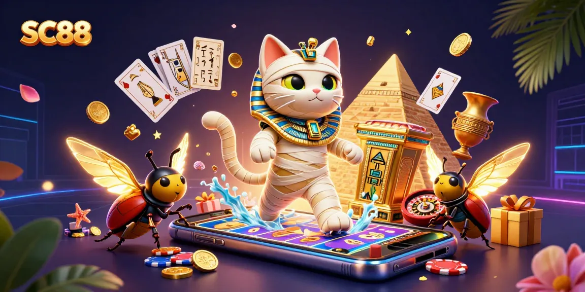 Experience the excitement at SC88 with a vibrant, colorful illustration of a casino scene featuring a mummy cat and slot games.
