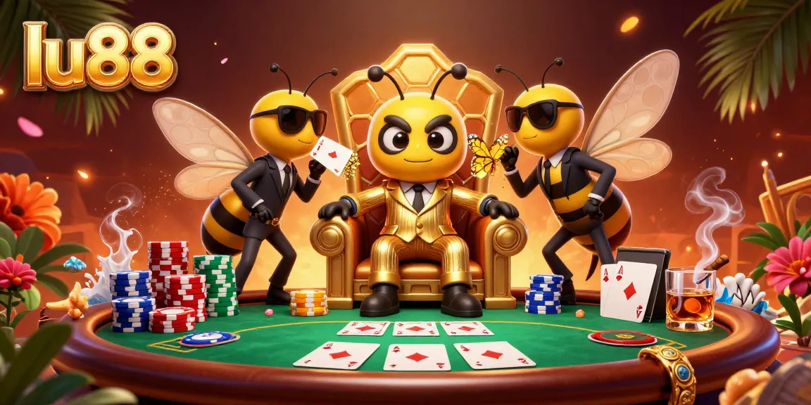 Engage in thrilling poker play at lu88 with cartoon mob boss amid vibrant casino elements.