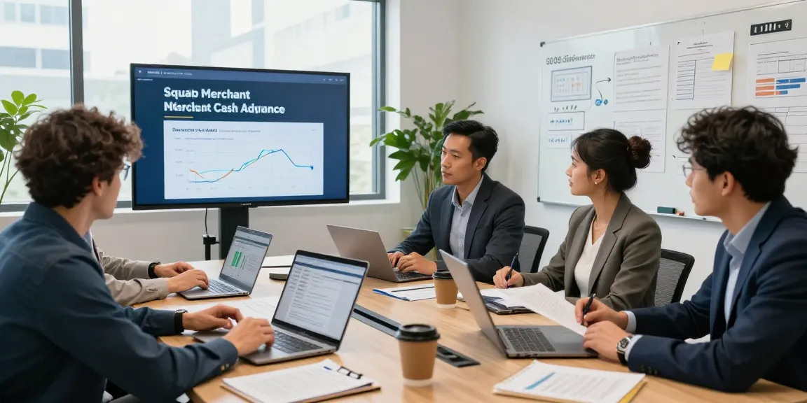 Team discussing Square merchant cash advance strategies in a modern office.