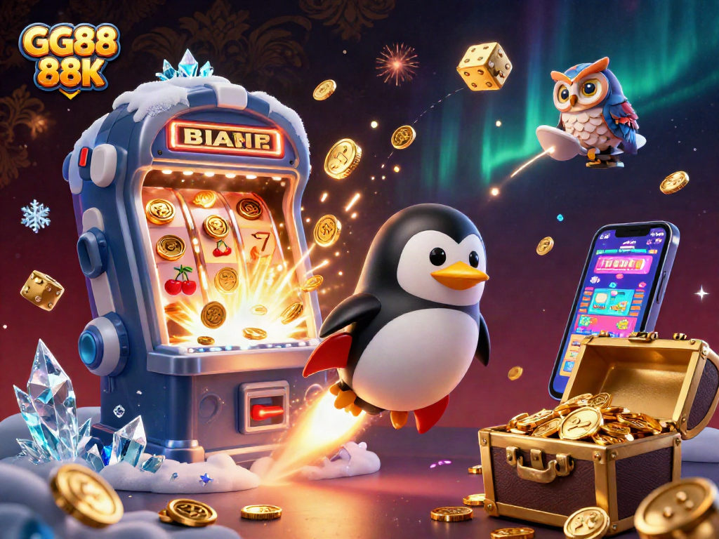Engage in exciting gameplay with GG88 88K, featuring a golden penguin and dynamic casino elements.