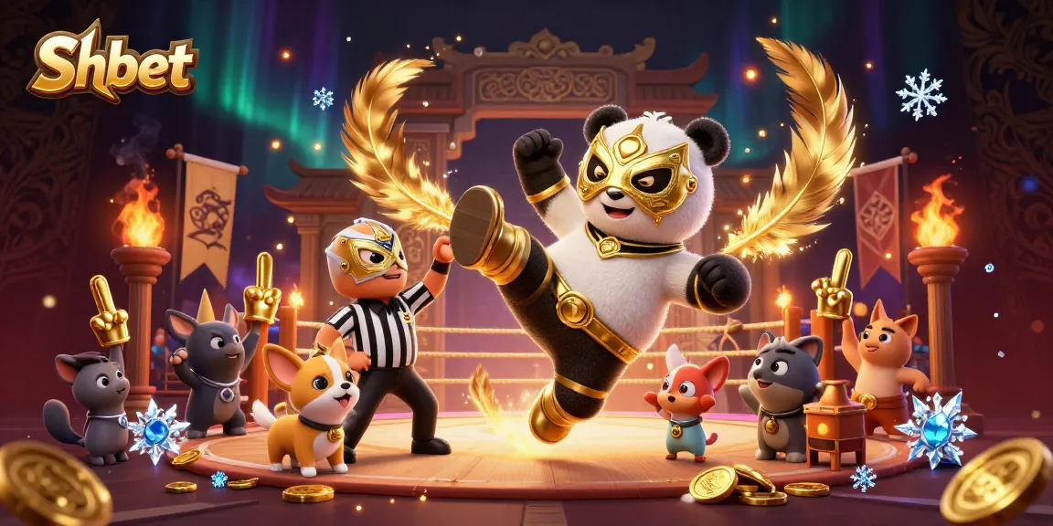 Shbet engages players in a vibrant casino scene with a wrestling panda and cheering animals.