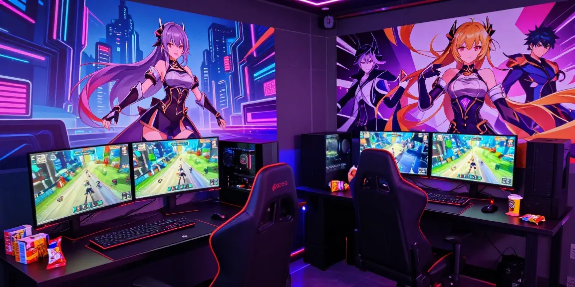 Hentai game characters depicted in an immersive gaming scene with neon lights.