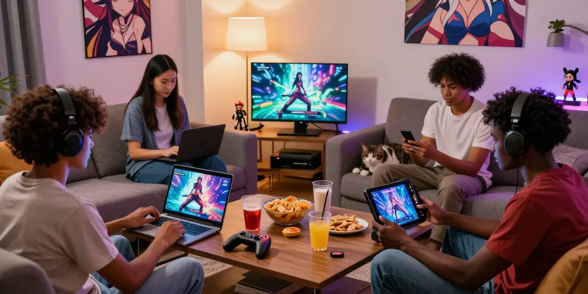 Engaged gamers playing hentai games in a cozy living room, showcasing diverse platforms and vibrant graphics.
